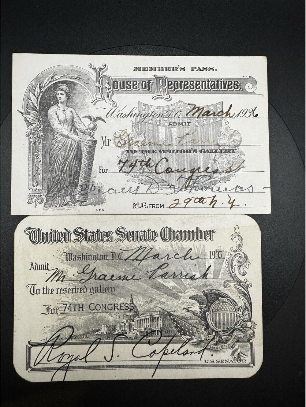 1936 US Senate Chamber & House of Representatives Member Pass Cards